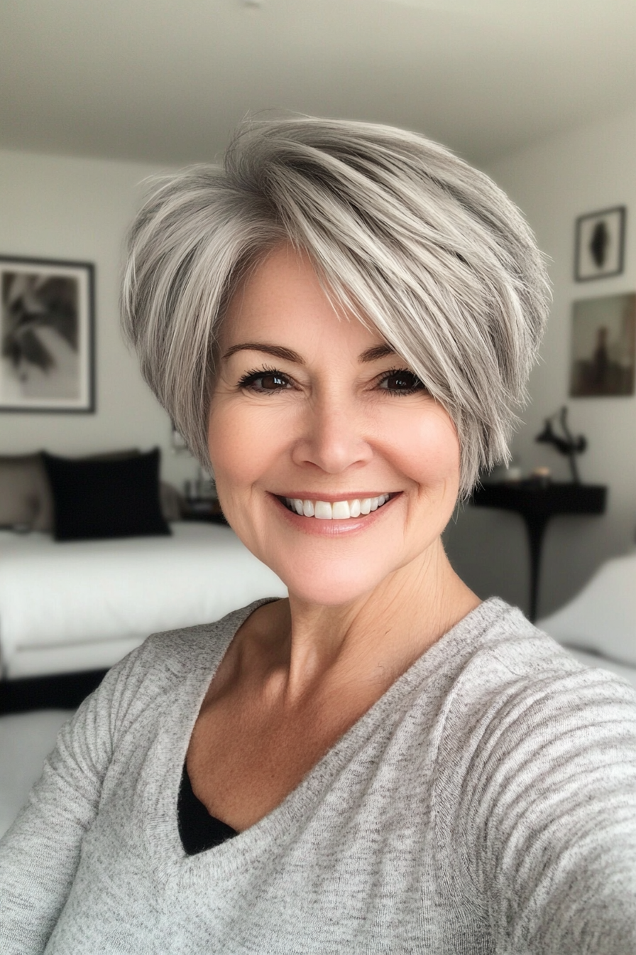 1. Feathered Pixie in Silver Ash (Pixie Haircuts For Women Over 60) - Pixie Haircuts For Women Over 60