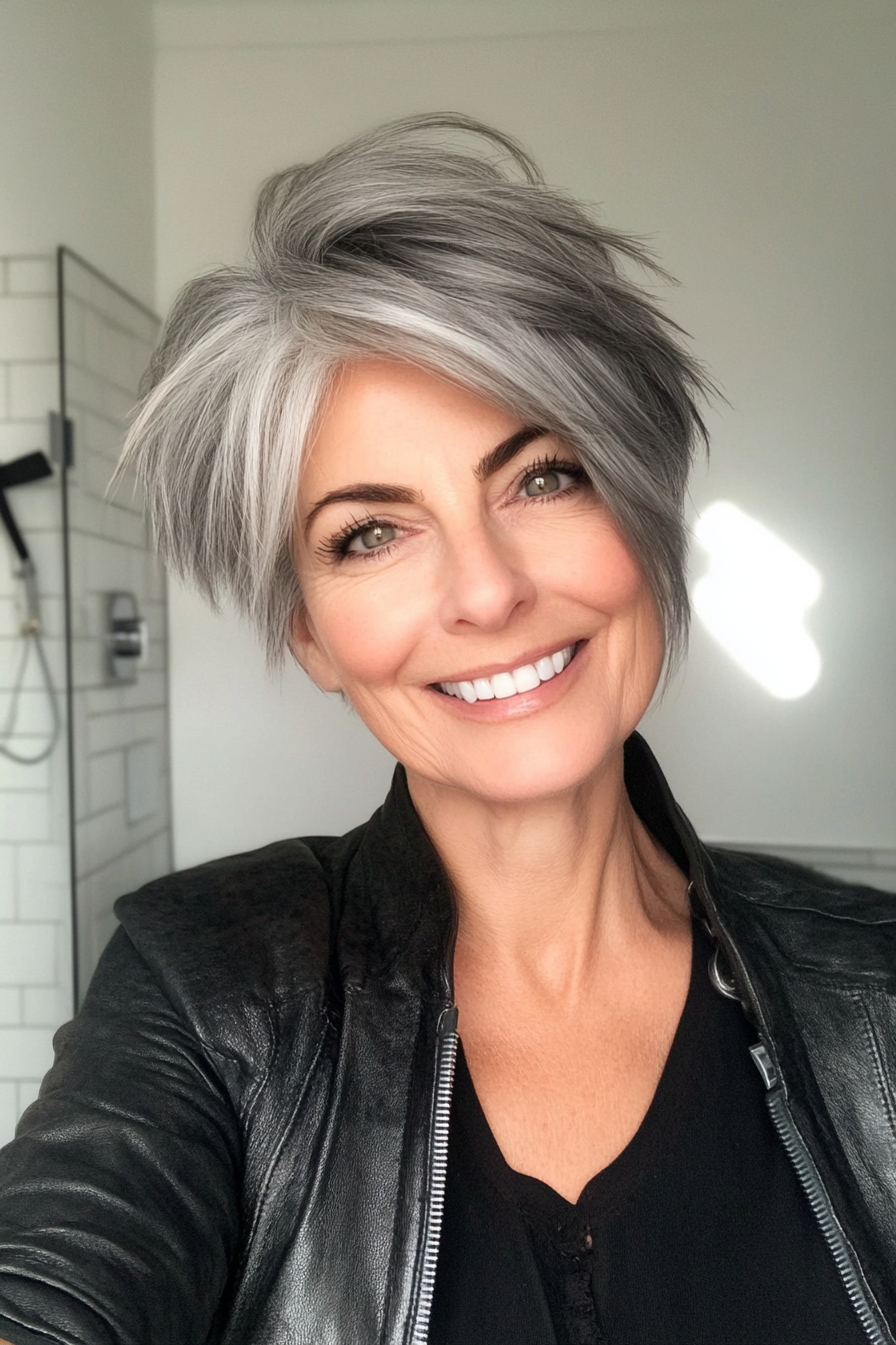 6. Asymmetrical Pixie in Cool Gray (Pixie Haircuts For Women Over 60) - Pixie Haircuts For Women Over 60