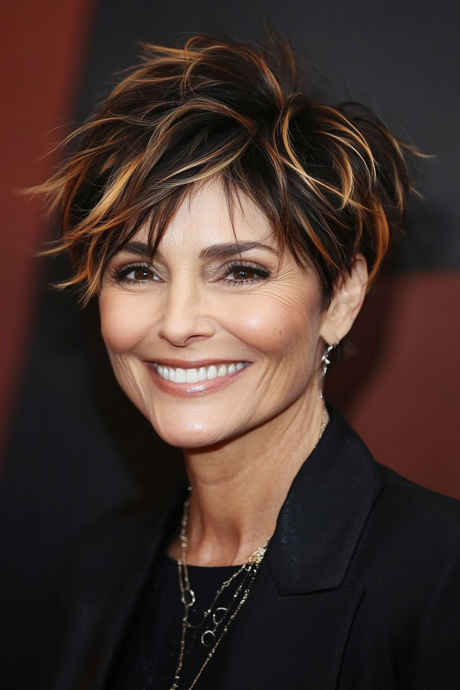 19. Messy Pixie in Caramel Highlights (Pixie Haircuts For Women Over 60) - Pixie Haircuts For Women Over 60