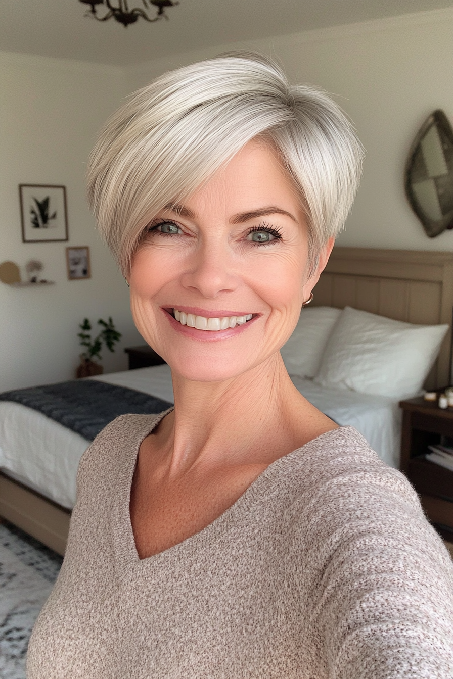23. Sleek Pixie in Silver Blonde (Pixie Haircuts For Women Over 60) - Pixie Haircuts For Women Over 60