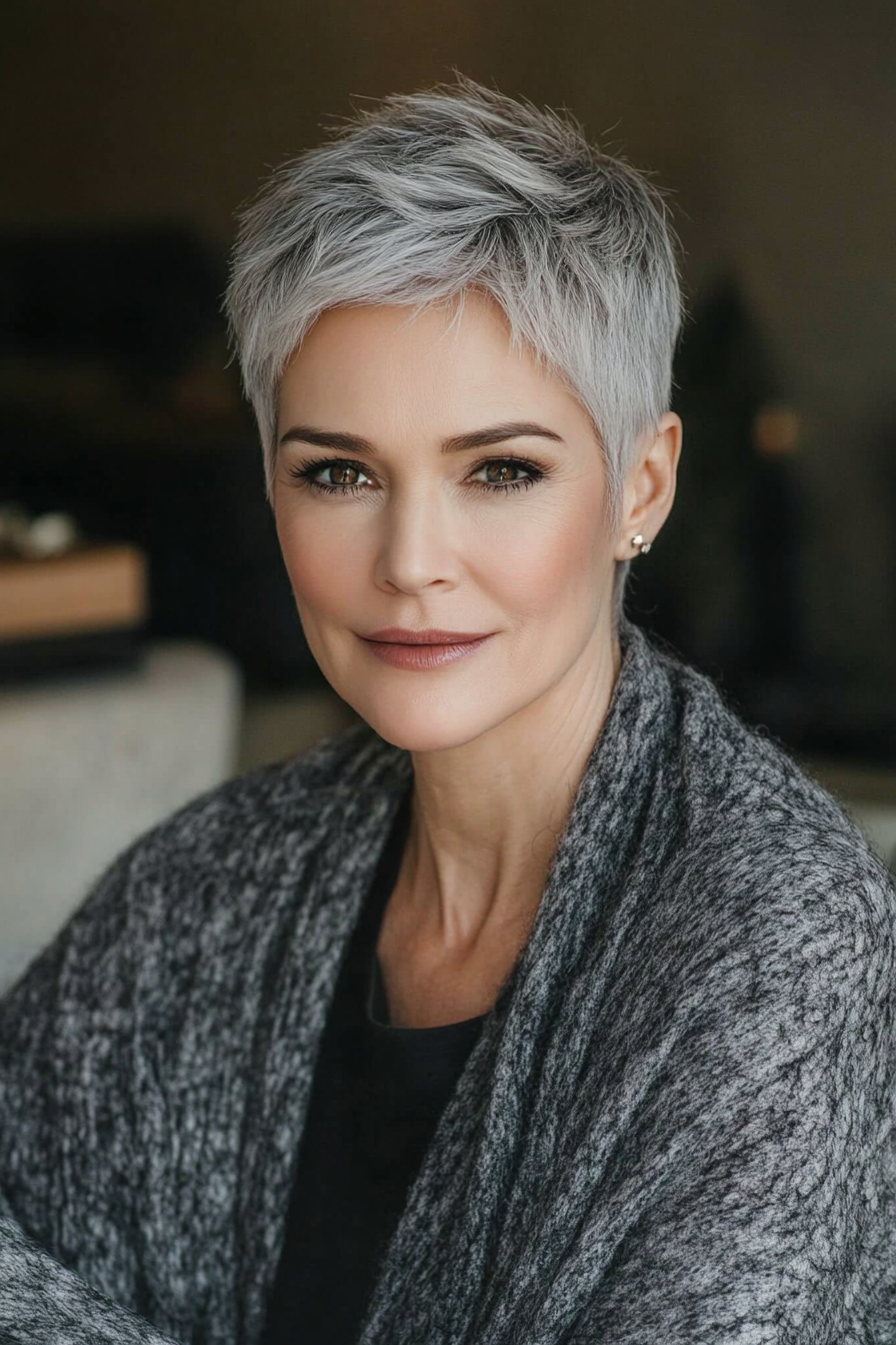 26. Short Cropped Pixie in Frosted Gray (Pixie Haircuts For Women Over 60) - Pixie Haircuts For Women Over 60