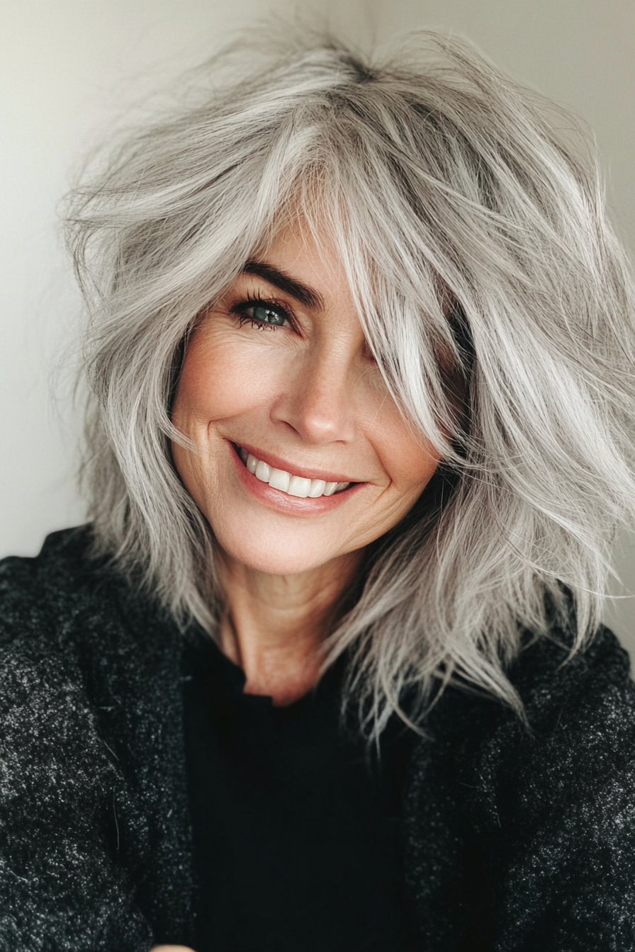 1. Salt-and-Pepper Wispy Shag (Shaggy Hairstyles For Older Women) - Shaggy Hairstyles For Older Women