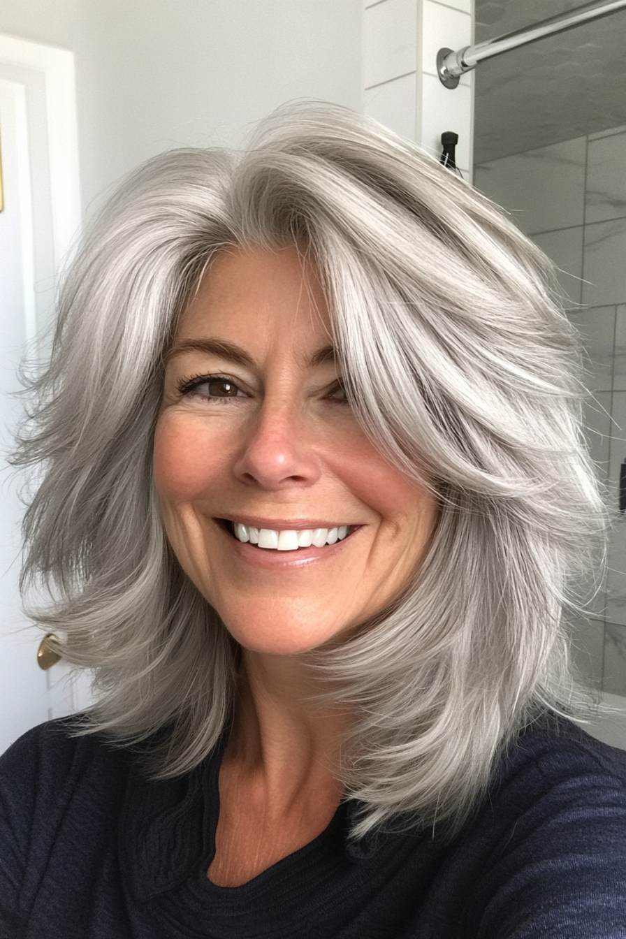 4. Silver Feathered Shag (Shaggy Hairstyles For Older Women) - Shaggy Hairstyles For Older Women
