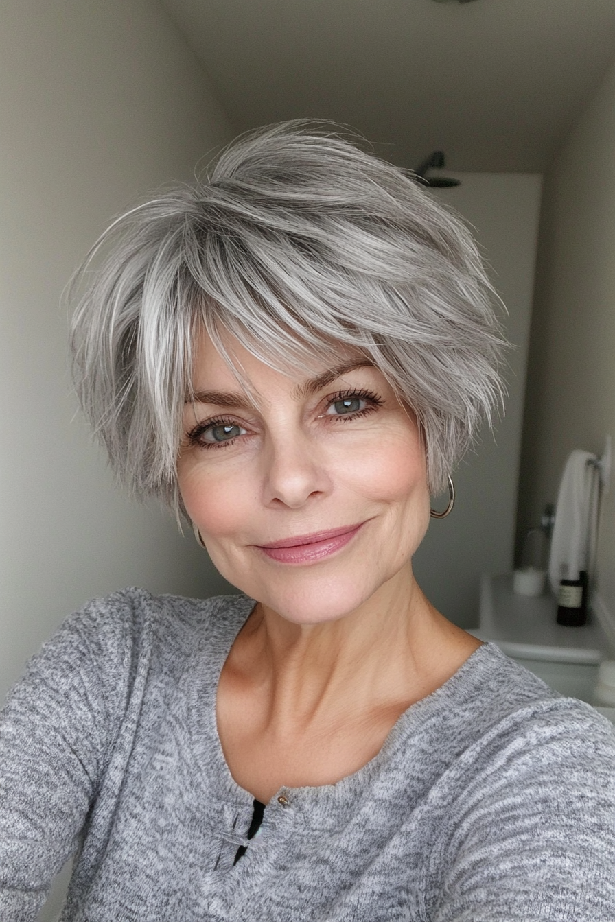 8. Platinum Gray Pixie Shag (Shaggy Hairstyles For Older Women) - Shaggy Hairstyles For Older Women