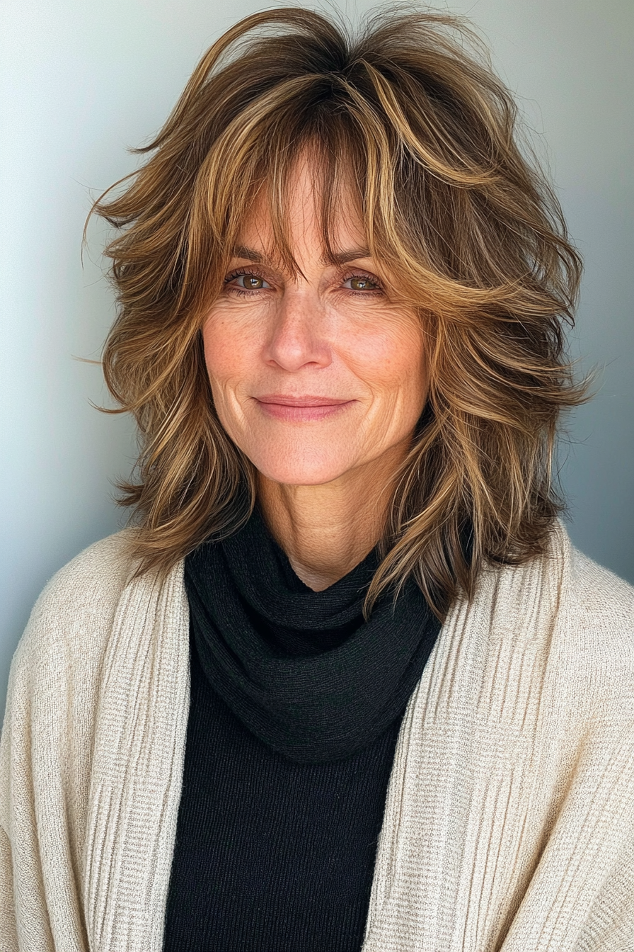 12. Golden Brown Messy Shag (Shaggy Hairstyles For Older Women) - Shaggy Hairstyles For Older Women