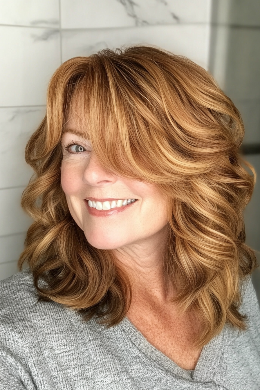14. Amber Brown Wavy Shag (Shaggy Hairstyles For Older Women) - Shaggy Hairstyles For Older Women