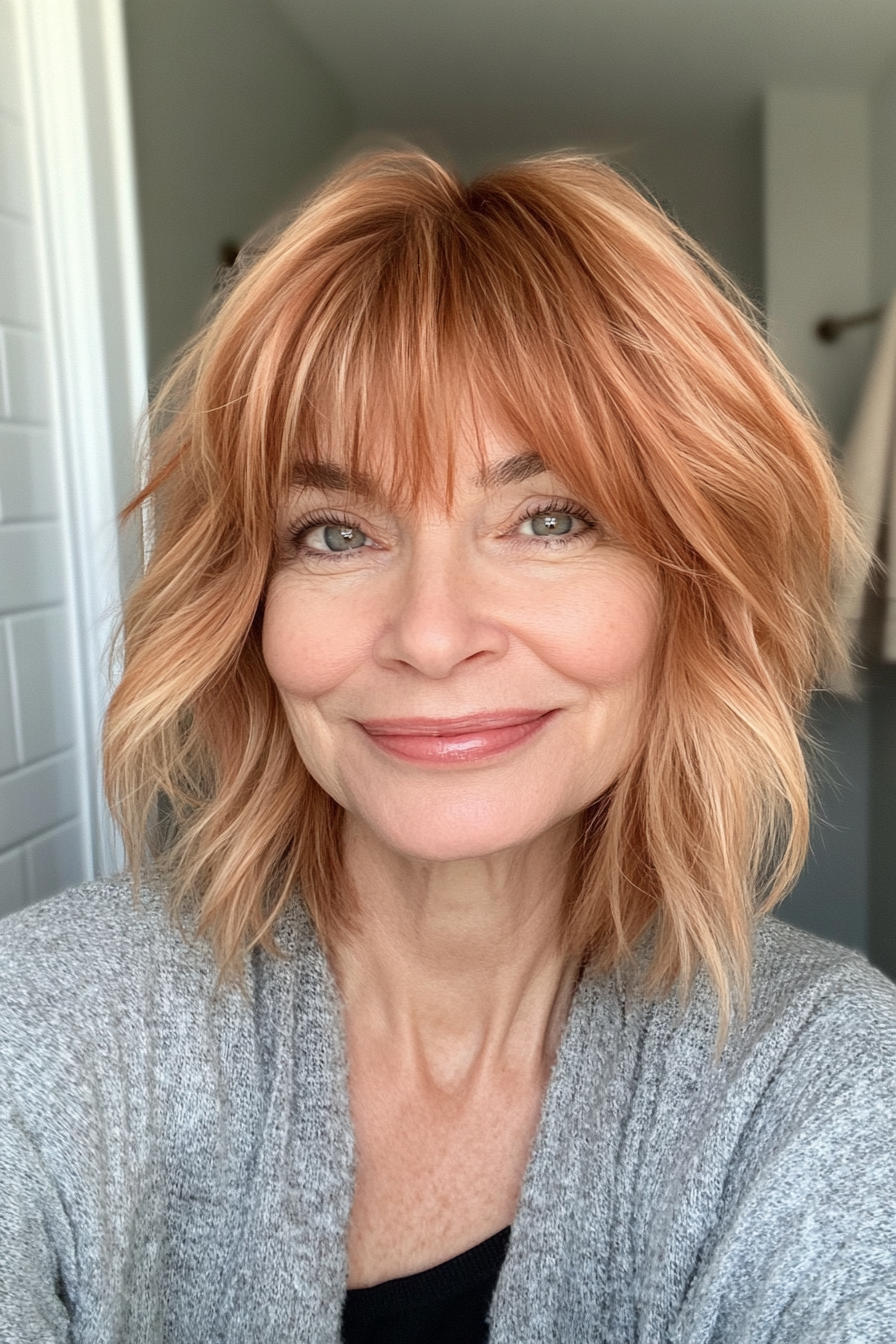 15. Strawberry Blonde Choppy Shag (Shaggy Hairstyles For Older Women) - Shaggy Hairstyles For Older Women