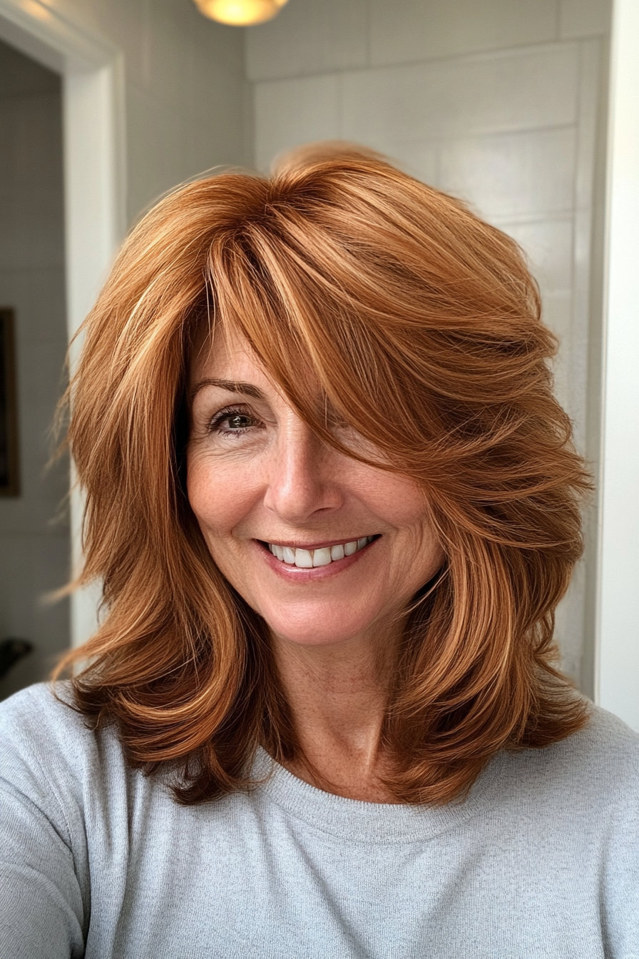21. Golden Auburn Layered Shag (Shaggy Hairstyles For Older Women) - Shaggy Hairstyles For Older Women