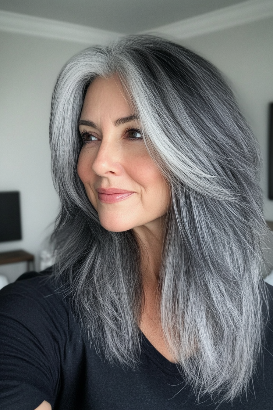 23. Deep Charcoal Long Shag (Shaggy Hairstyles For Older Women) - Shaggy Hairstyles For Older Women