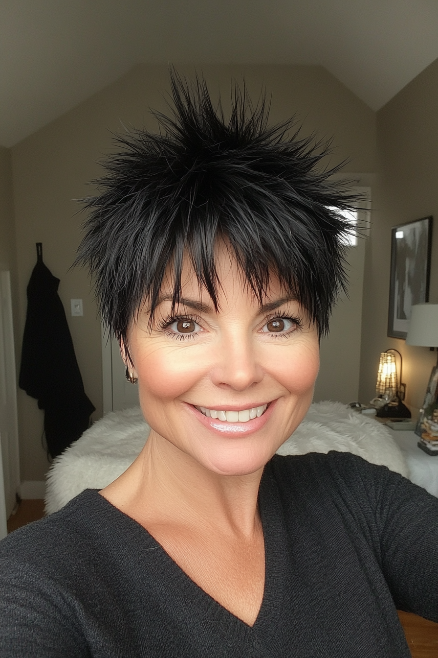 16. Short Pixie with Spiky Layers in Jet Black (Short Pixie Hairstyles For Women Over 50) - Short Pixie Hairstyles For Women Over 50