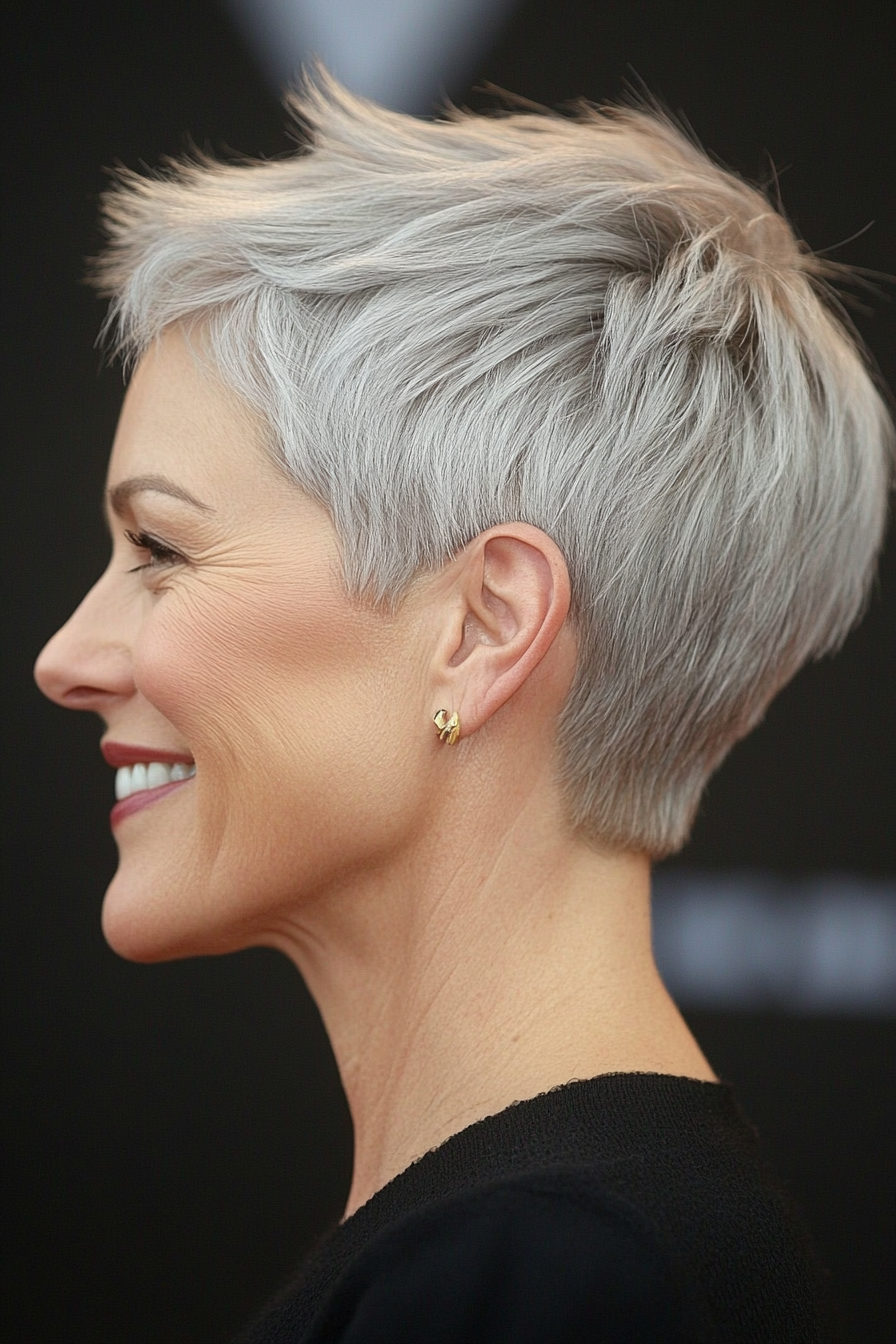 19. Minimalist Pixie in Warm Gray (Short Pixie Hairstyles For Women Over 50) - Short Pixie Hairstyles For Women Over 50