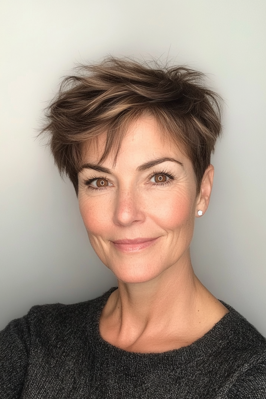 20. Pixie with Crown Volume in Medium Brown (Short Pixie Hairstyles For Women Over 50) - Short Pixie Hairstyles For Women Over 50