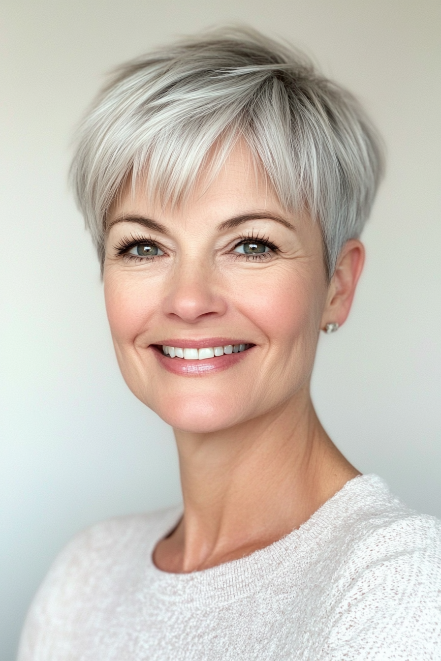 23. Feminine Pixie with Baby Bangs in Pearl Gray (Short Pixie Hairstyles For Women Over 50) - Short Pixie Hairstyles For Women Over 50