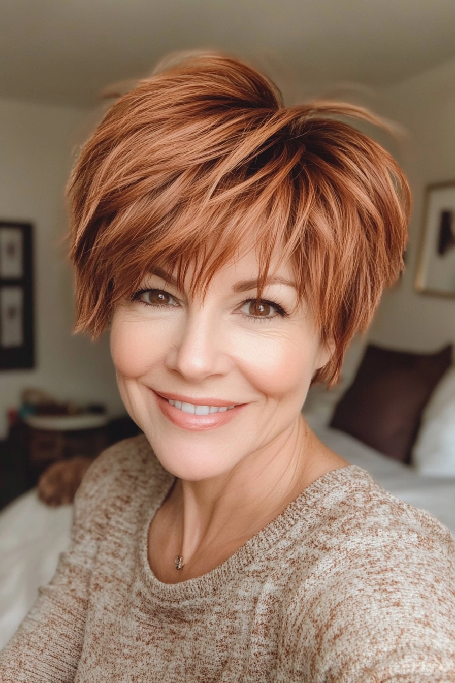24. Textured Pixie with Fringe in Copper Brown (Short Pixie Hairstyles For Women Over 50) - Short Pixie Hairstyles For Women Over 50