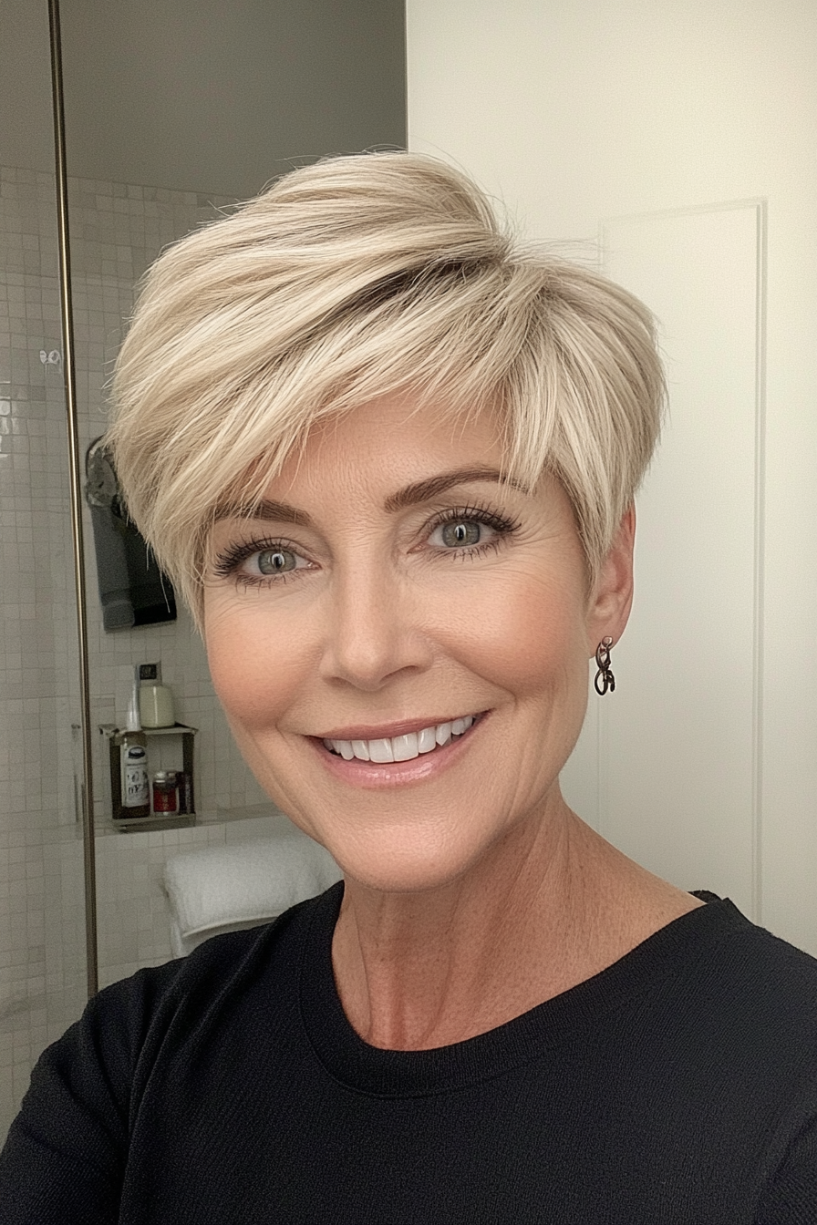 26. Short Pixie with Crown Layers in Soft Blonde (Short Pixie Hairstyles For Women Over 50) - Short Pixie Hairstyles For Women Over 50