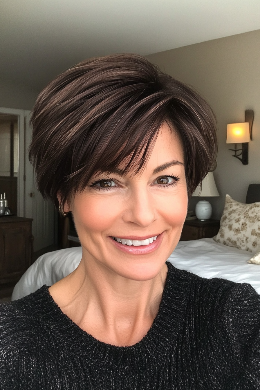 2. Soft Feathered Pixie in Dark Brown (Short Pixie Hairstyles For Women Over 50) - Short Pixie Hairstyles For Women Over 50