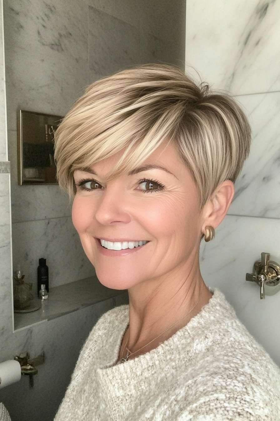 5. Long Pixie with Side Bangs in Honey Blonde (Short Pixie Hairstyles For Women Over 50) - Short Pixie Hairstyles For Women Over 50