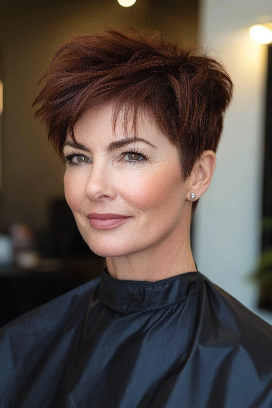 7. Layered Pixie with Undercut in Dark Auburn (Short Pixie Hairstyles For Women Over 50) - Short Pixie Hairstyles For Women Over 50