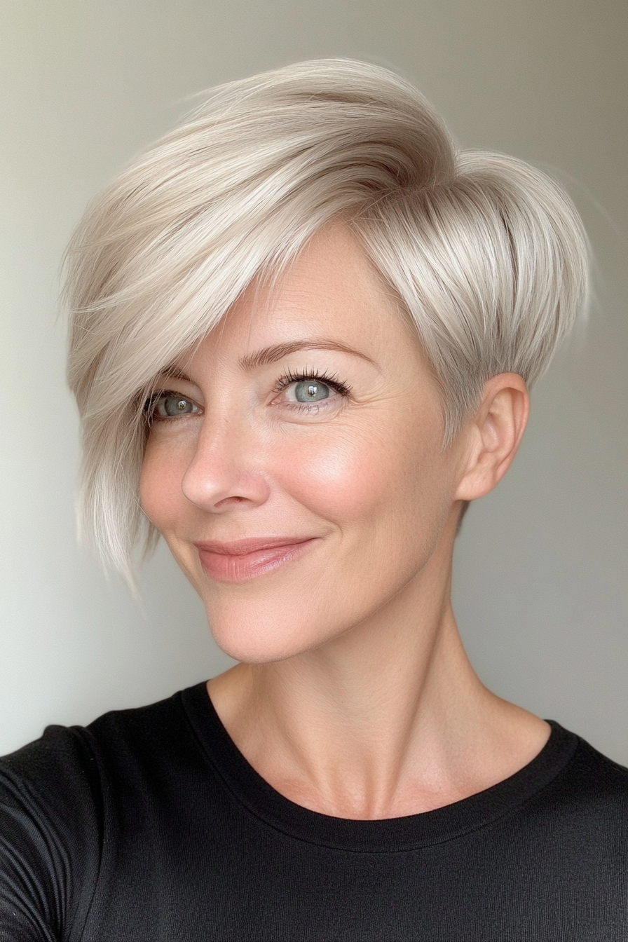 9. Side-Swept Pixie in Platinum Blonde (Short Pixie Hairstyles For Women Over 50) - Short Pixie Hairstyles For Women Over 50