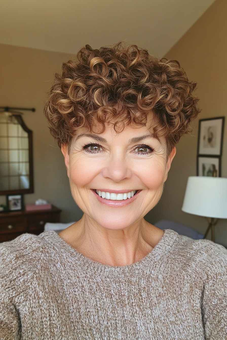 10. Curly Pixie in Warm Brown (Short Pixie Hairstyles For Women Over 50) - Short Pixie Hairstyles For Women Over 50