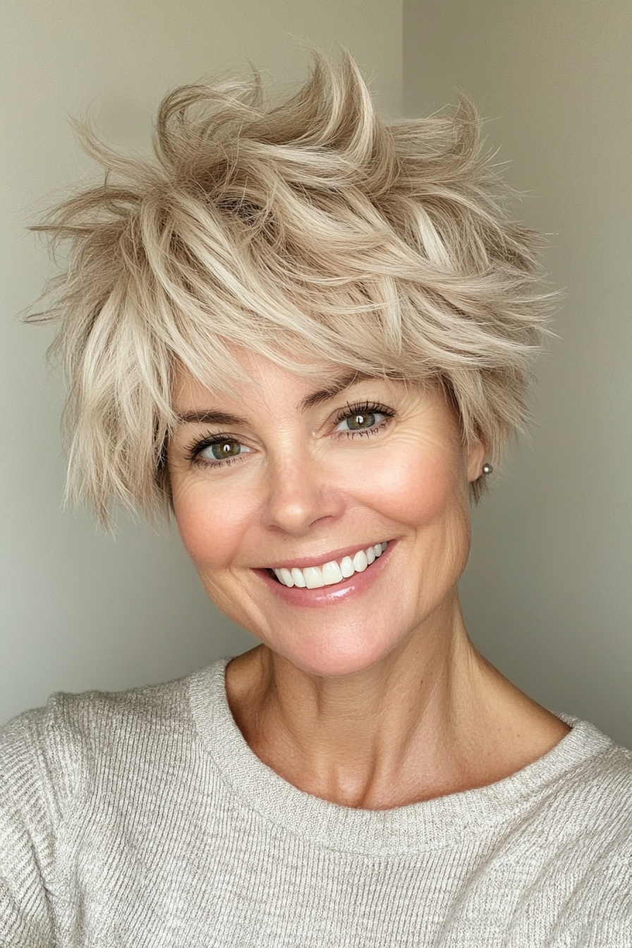 11. Shaggy Pixie in Sandy Blonde (Short Pixie Hairstyles For Women Over 50) - Short Pixie Hairstyles For Women Over 50