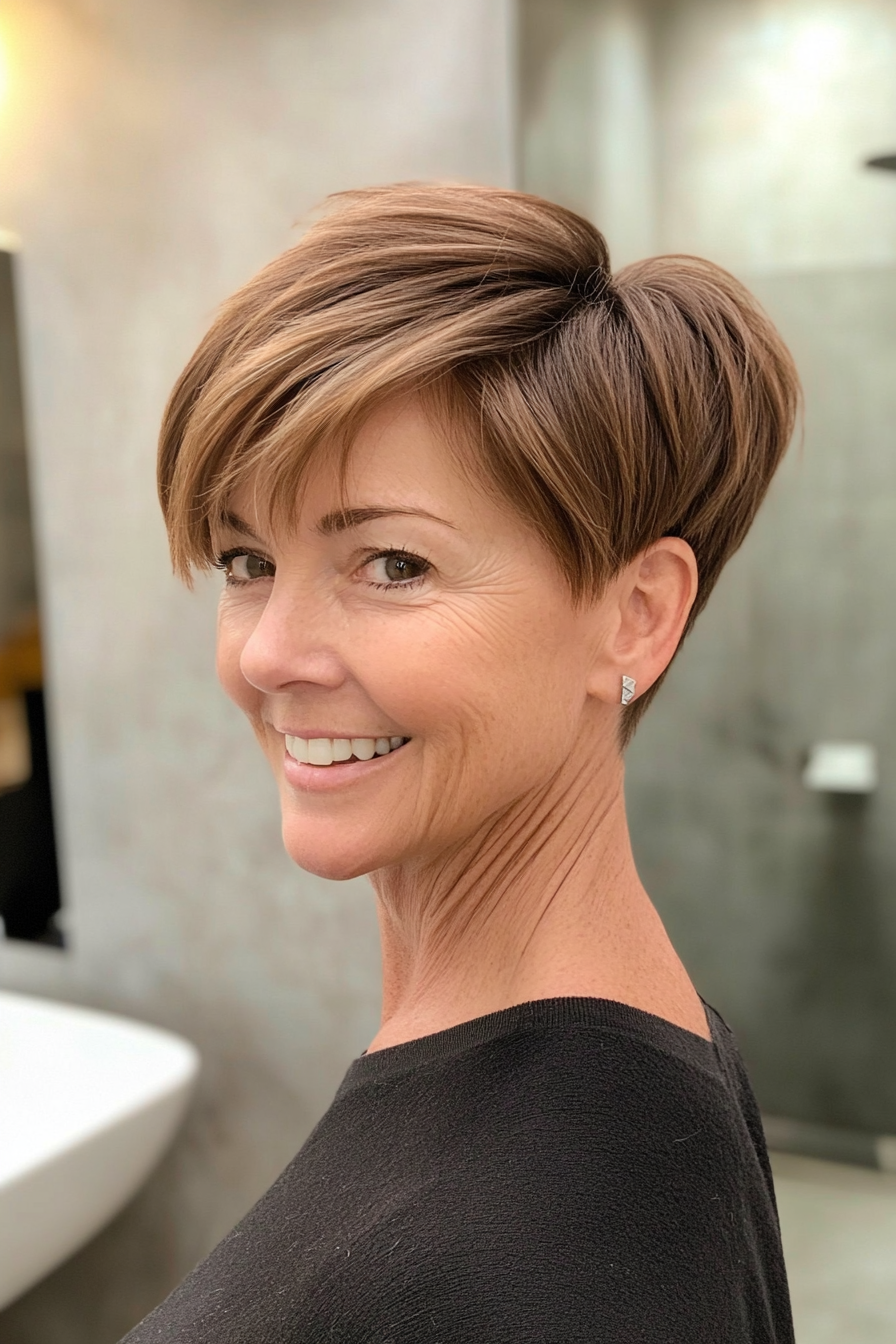 13. Asymmetrical Pixie in Caramel Brown (Short Pixie Hairstyles For Women Over 50) - Short Pixie Hairstyles For Women Over 50