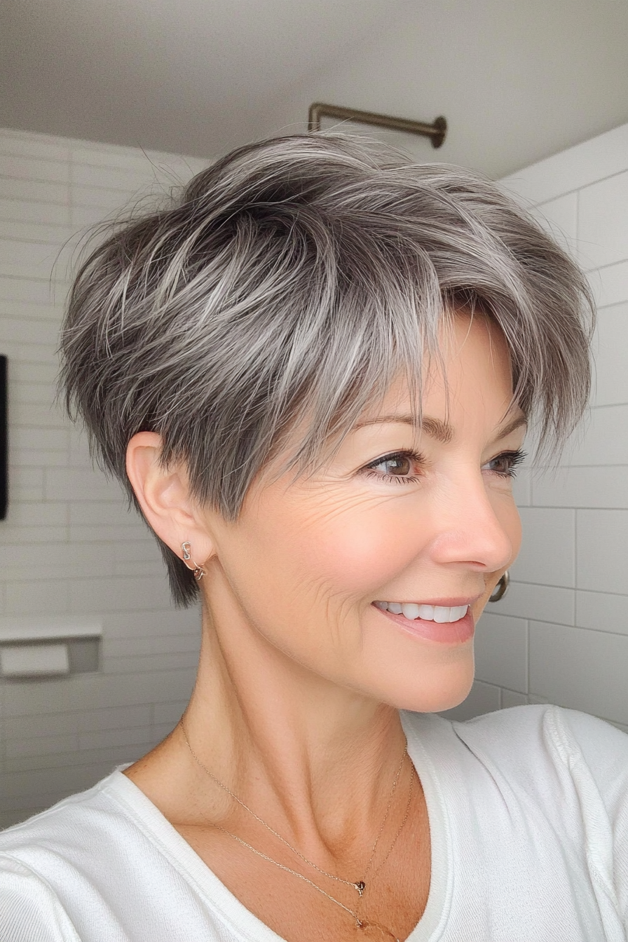 14. Layered Pixie with Wispy Bangs in Dark Gray (Short Pixie Hairstyles For Women Over 50) - Short Pixie Hairstyles For Women Over 50
