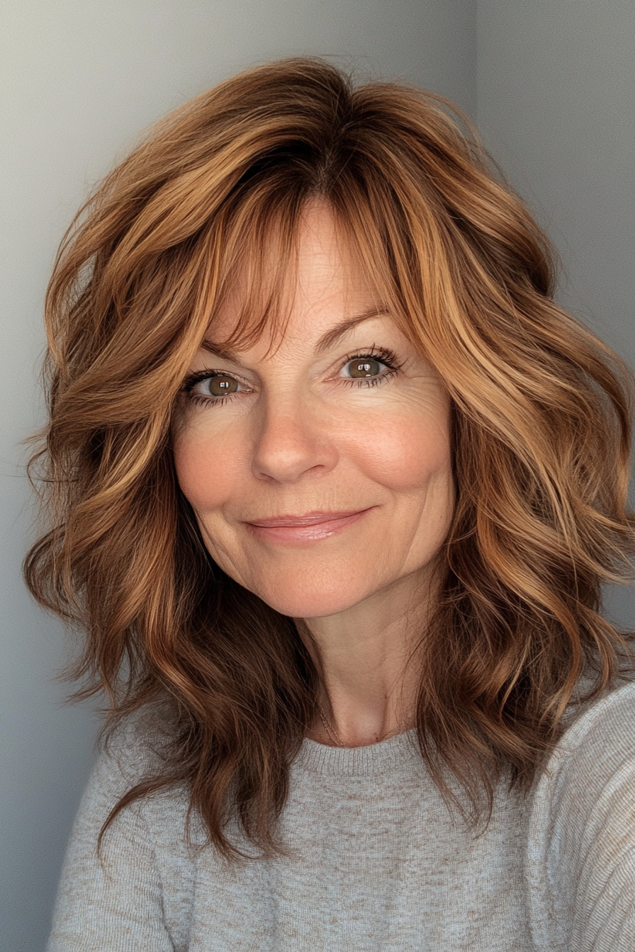6. Shaggy Cut with Soft Caramel Accents (Hairstyles For Older Women With Fine Hair) - Hairstyles For Older Women With Fine Hair