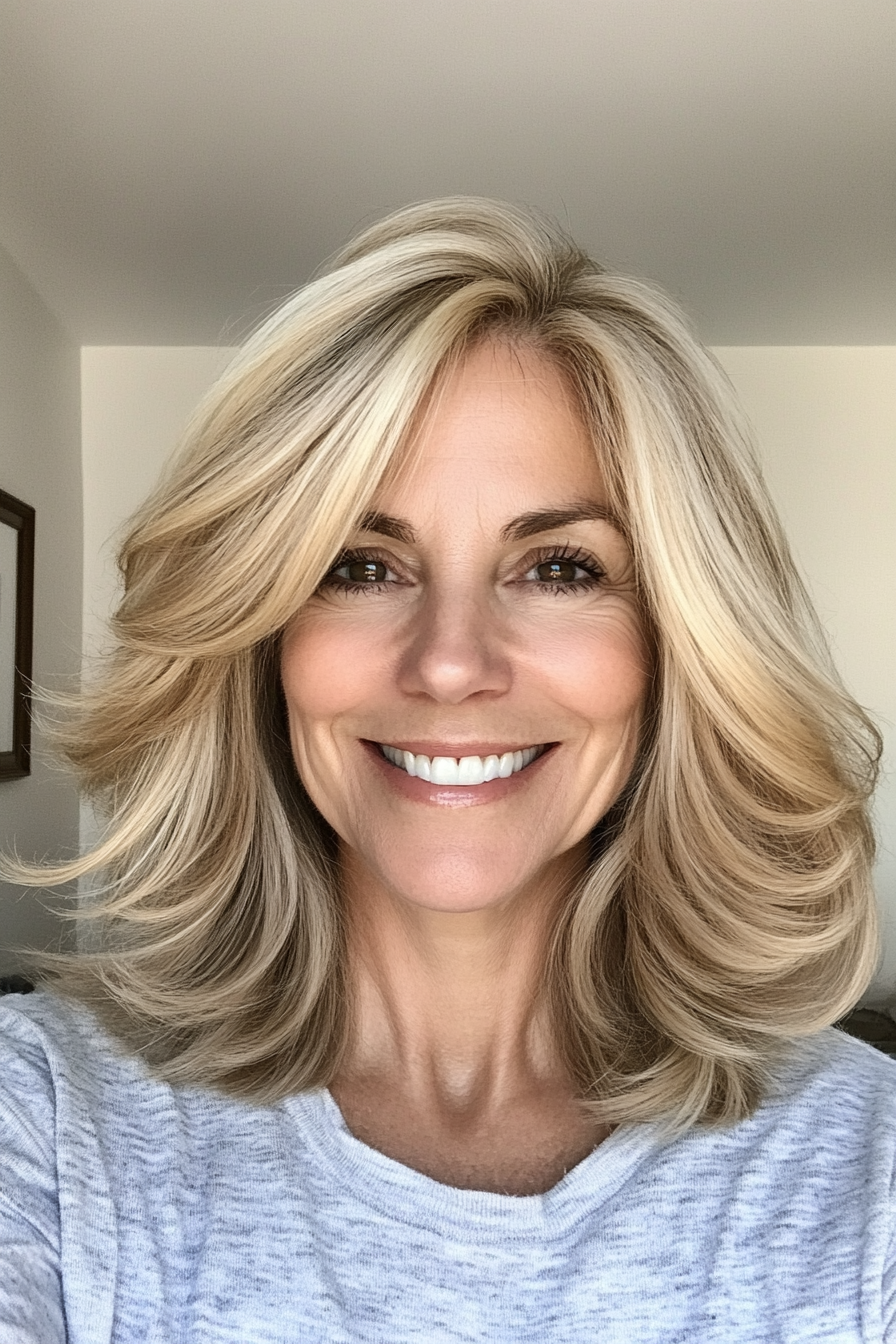 7. Layered Crop with Sandy Blonde Highlights (Hairstyles For Older Women With Fine Hair) - Hairstyles For Older Women With Fine Hair