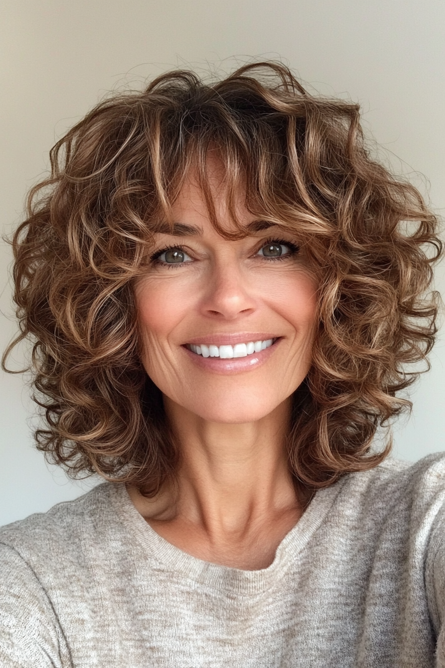 9. Curly Bob with Golden Brown Lowlights (Hairstyles For Older Women With Fine Hair) - Hairstyles For Older Women With Fine Hair