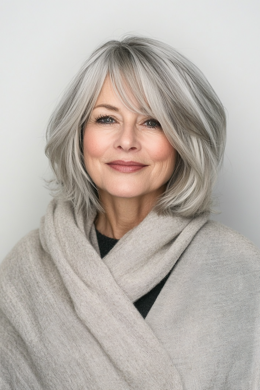 12. Fringed Bob with Natural Gray Highlights (Hairstyles For Older Women With Fine Hair) - Hairstyles For Older Women With Fine Hair