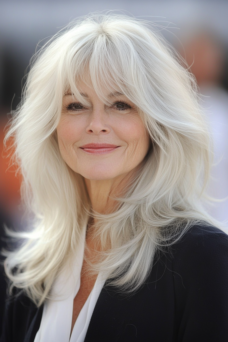 16. Wispy Bangs with Platinum Blonde Layers (Hairstyles For Older Women With Fine Hair) - Hairstyles For Older Women With Fine Hair