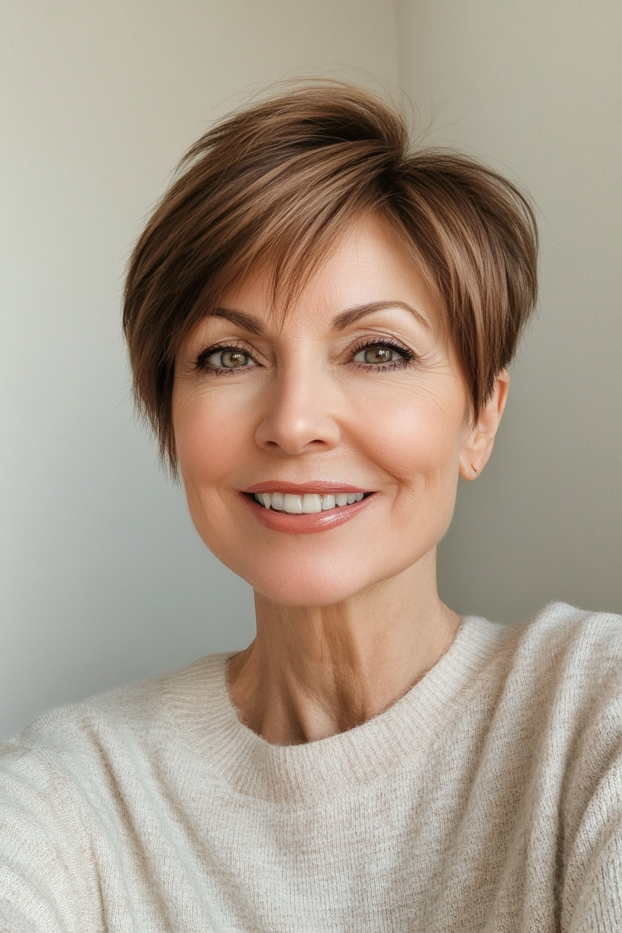18. Side-Parted Pixie with Cocoa Brown Tint (Hairstyles For Older Women With Fine Hair) - Hairstyles For Older Women With Fine Hair