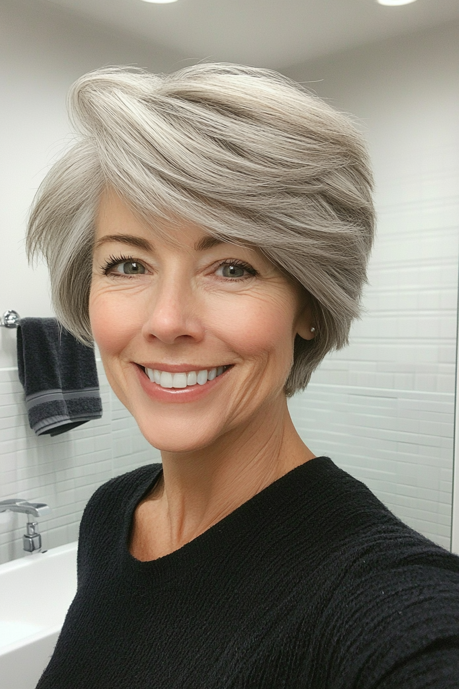 19. Short Layered Cut with Ash Gray Touches (Hairstyles For Older Women With Fine Hair) - Hairstyles For Older Women With Fine Hair