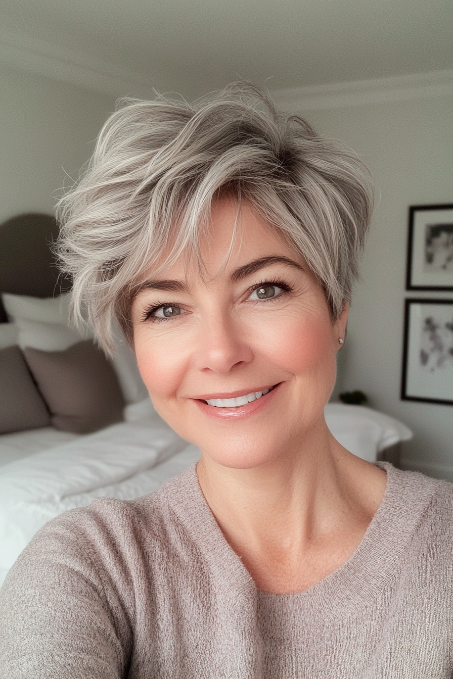 23. Tousled Pixie with Sandy Gray Undertones (Hairstyles For Older Women With Fine Hair) - Hairstyles For Older Women With Fine Hair
