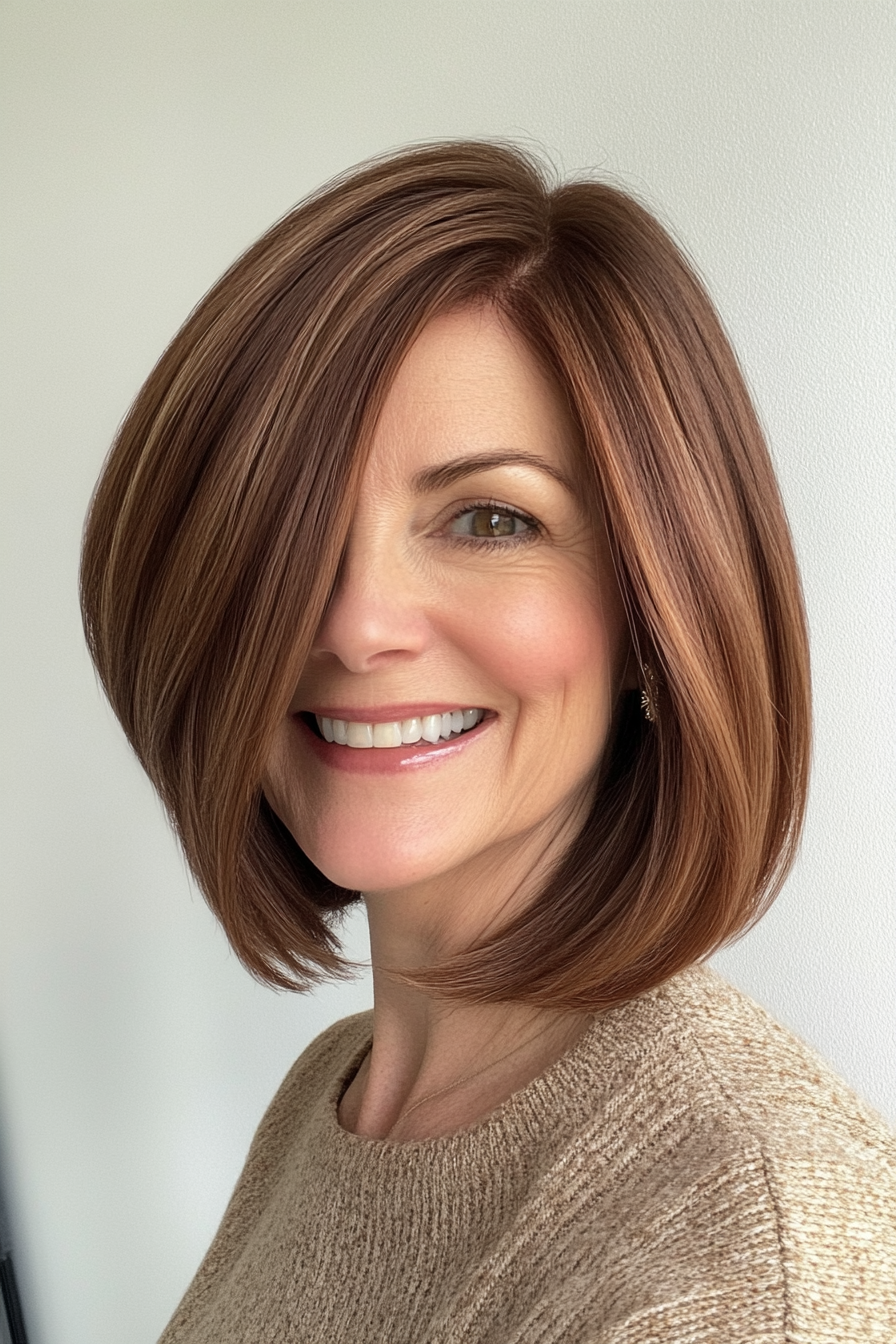 24. Curved Bob with Soft Mahogany Shine (Hairstyles For Older Women With Fine Hair) - Hairstyles For Older Women With Fine Hair