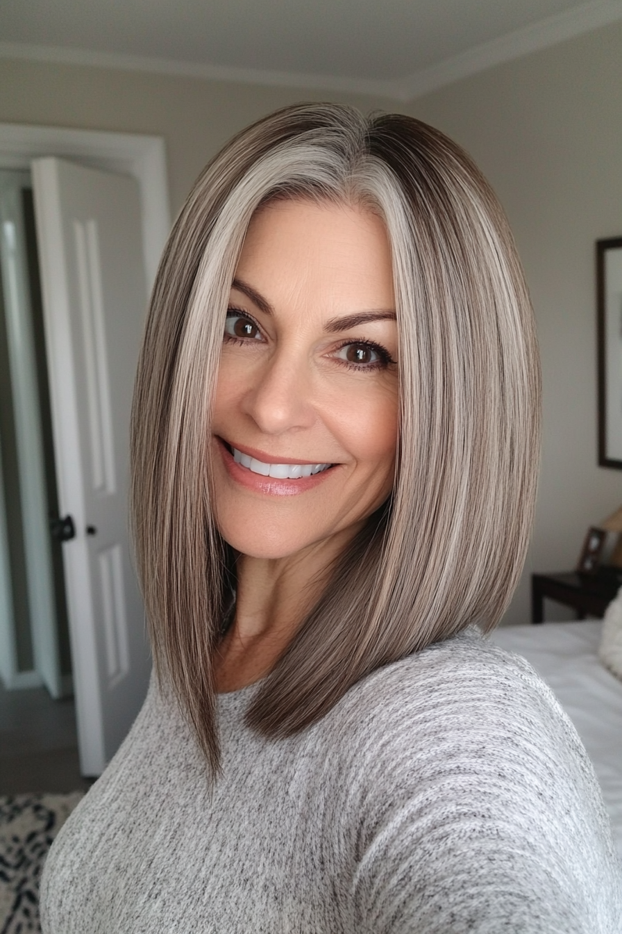 25. Sleek Lob with Espresso Brown Roots (Hairstyles For Older Women With Fine Hair) - Hairstyles For Older Women With Fine Hair