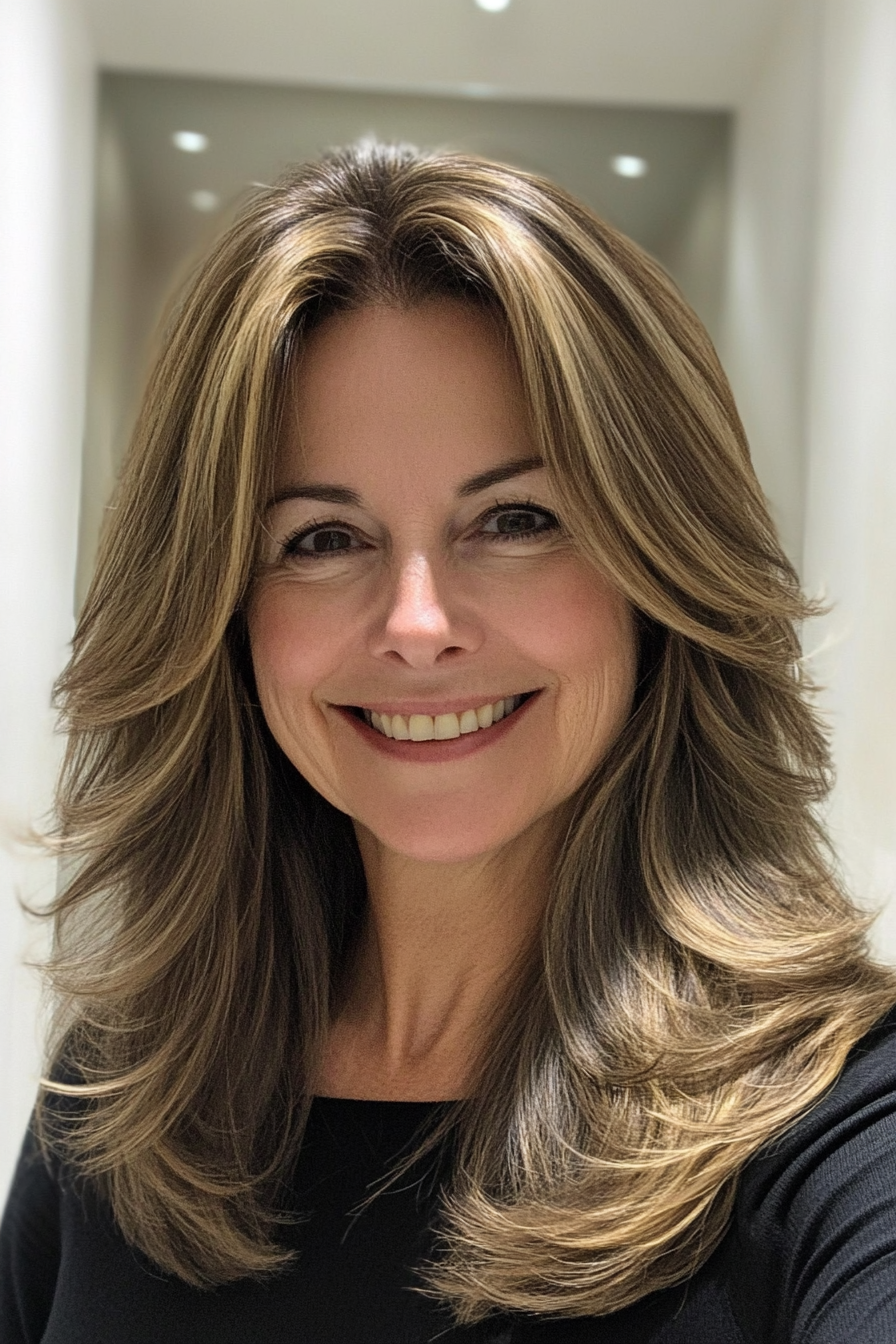 26. Layered Midi-Cut with Bronze Highlights (Hairstyles For Older Women With Fine Hair) - Hairstyles For Older Women With Fine Hair