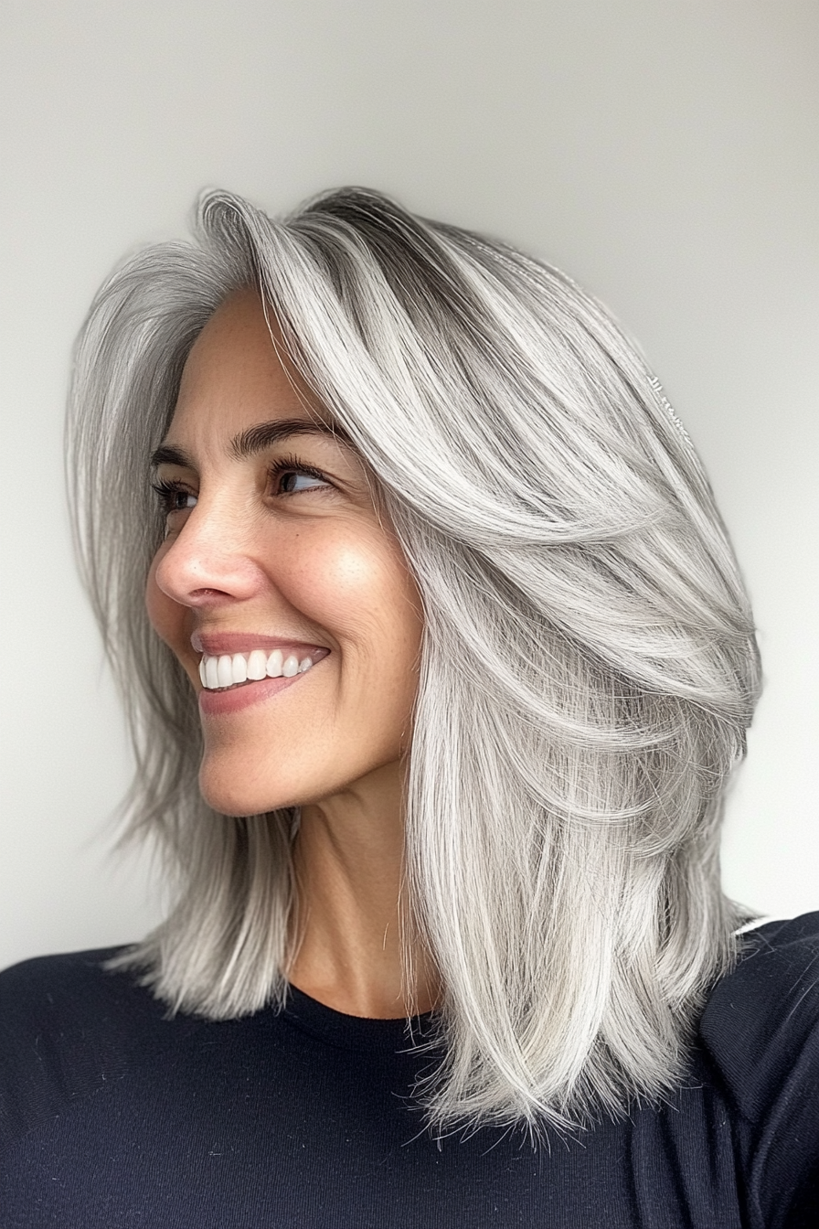 27. Subtle Layers with Silver Frosting (Hairstyles For Older Women With Fine Hair) - Hairstyles For Older Women With Fine Hair