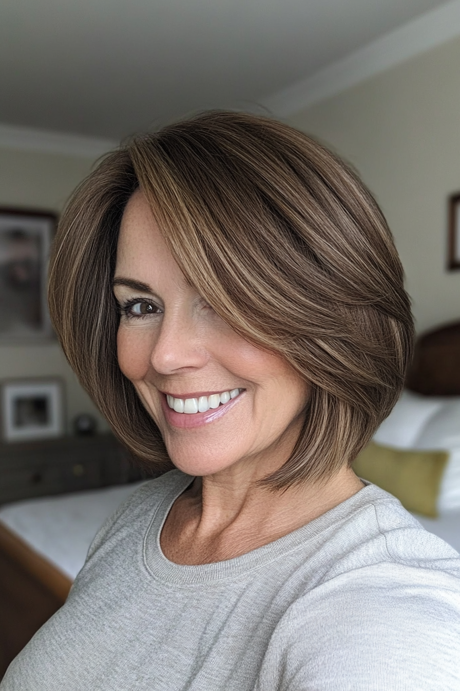 1. Soft Layered Bob with Ash Brown Highlights (Hairstyles For Older Women With Fine Hair) - Hairstyles For Older Women With Fine Hair