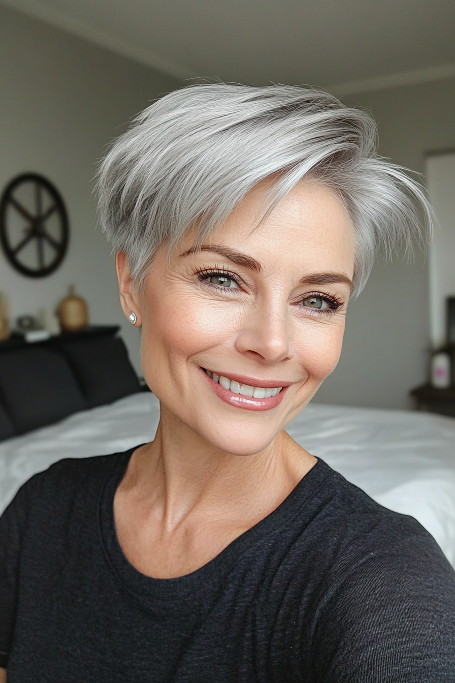 2. Feathered Pixie with Silver Tones (Hairstyles For Older Women With Fine Hair) - Hairstyles For Older Women With Fine Hair