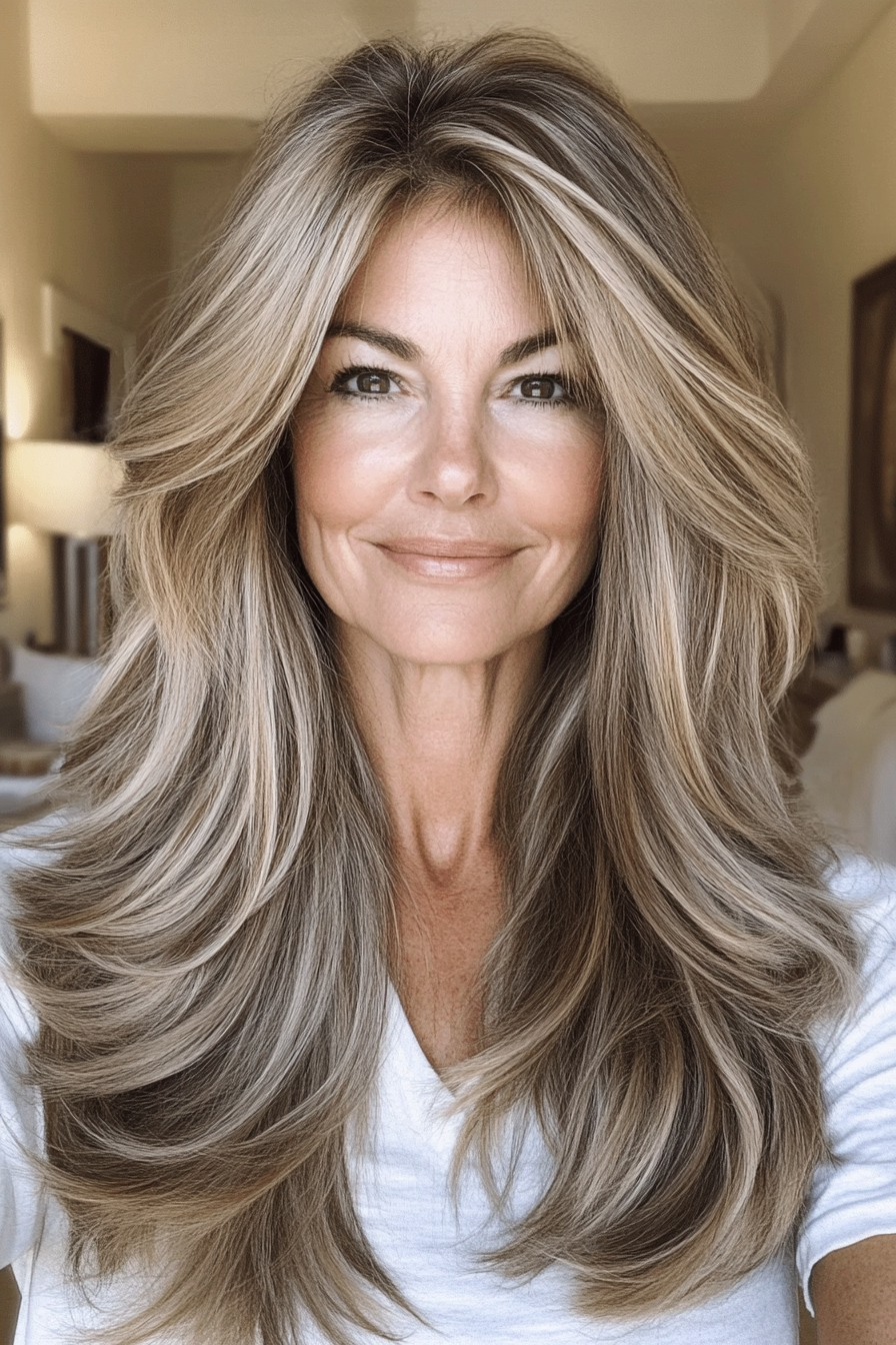 3. Long Layers with Honey Blonde Balayage (Hairstyles For Older Women With Fine Hair) - Hairstyles For Older Women With Fine Hair