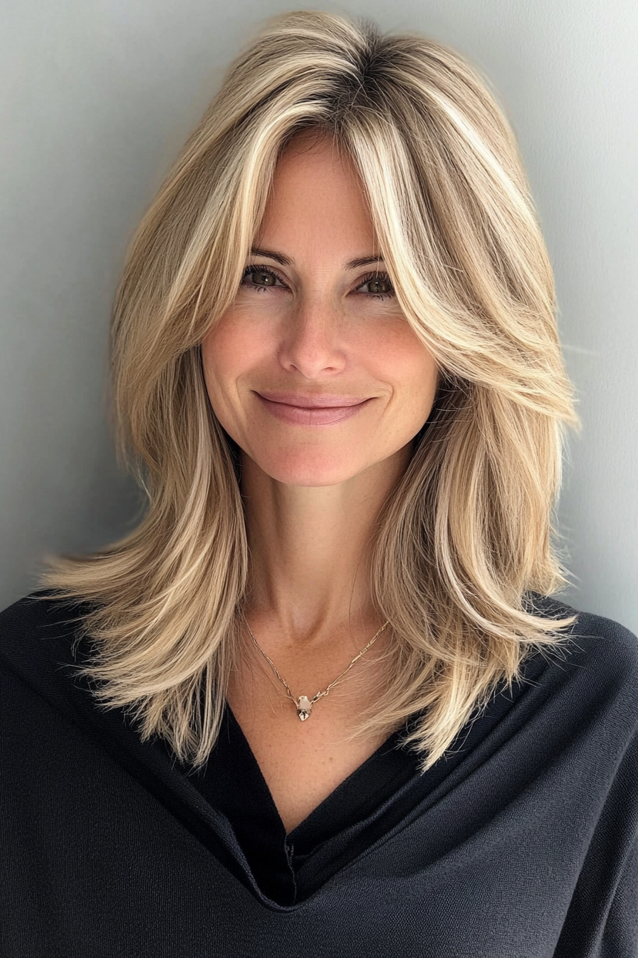 1. Soft Layered Lob with Blonde Highlights (Medium Length Hairstyles For Women Over 40) - Medium Length Hairstyles For Women Over 40