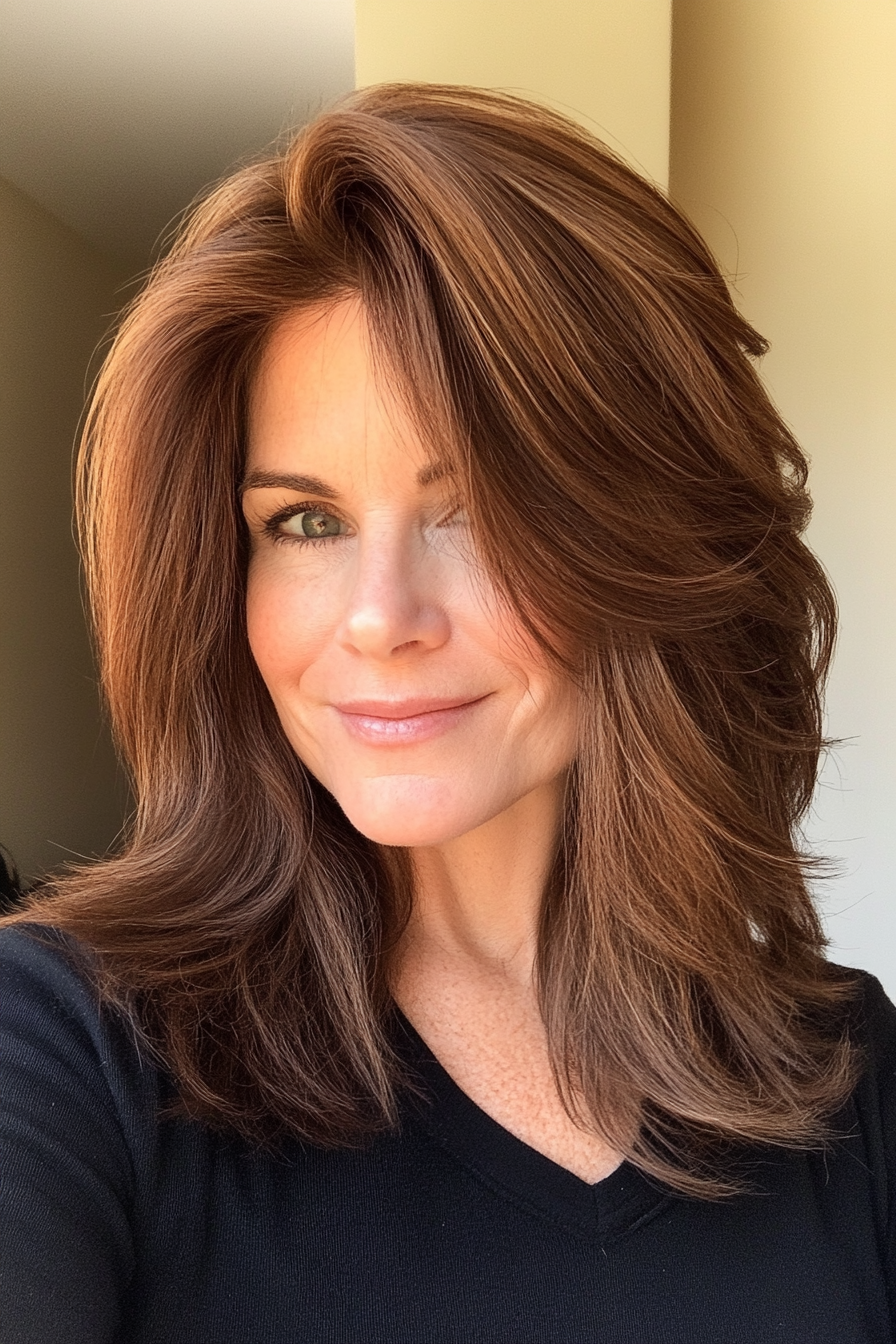 6. Layered Shaggy Cut with Chestnut Brown Color (Medium Length Hairstyles For Women Over 40) - Medium Length Hairstyles For Women Over 40