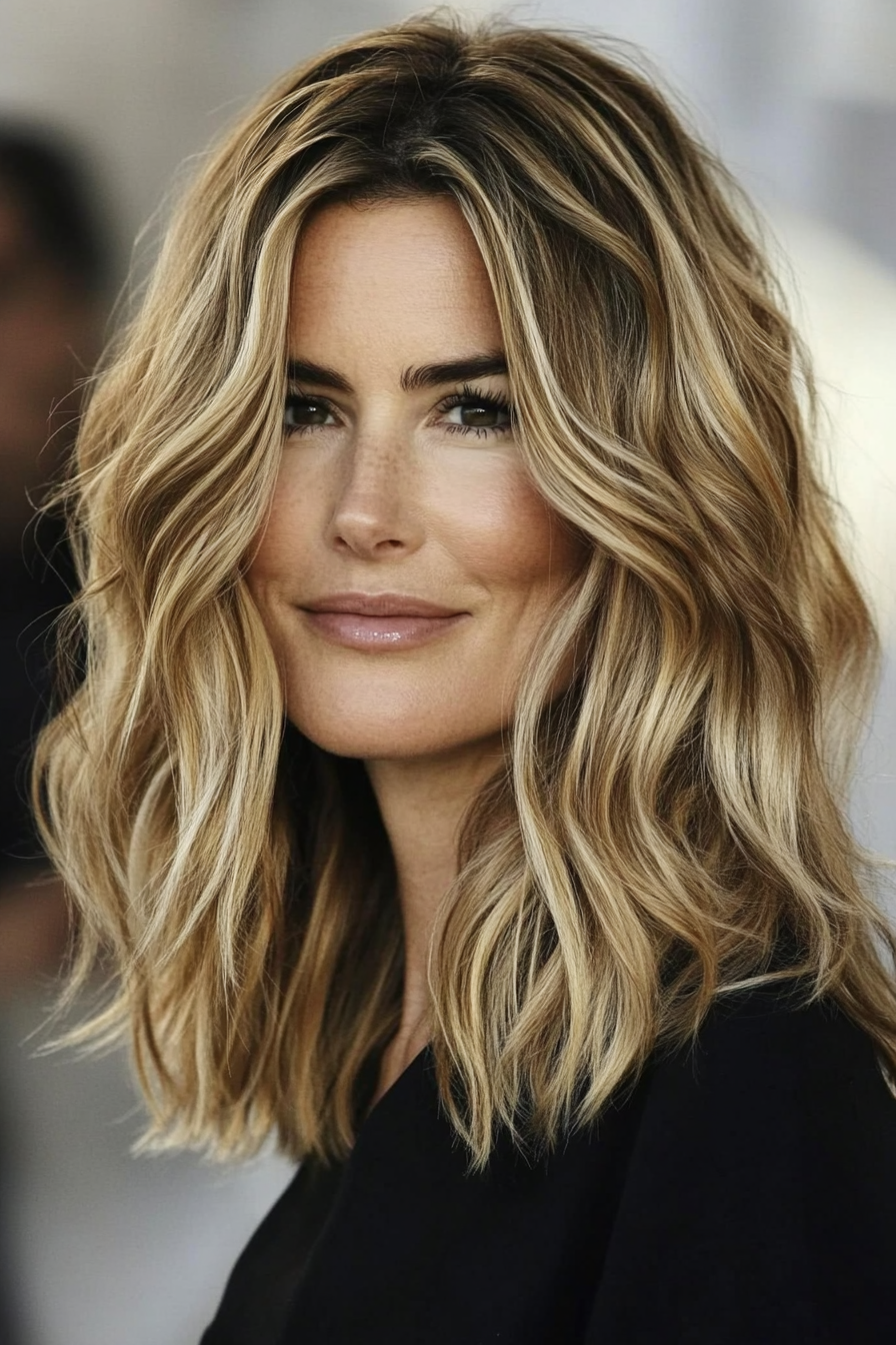 8. Voluminous Waves with Dark Blonde Highlights (Medium Length Hairstyles For Women Over 40) - Medium Length Hairstyles For Women Over 40