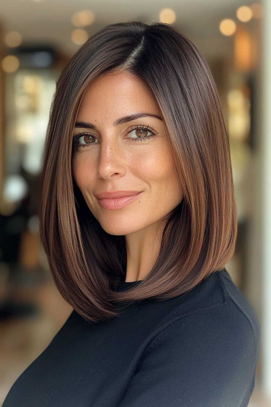 10. Straight Lob with Subtle Red Undertones (Medium Length Hairstyles For Women Over 40) - Medium Length Hairstyles For Women Over 40