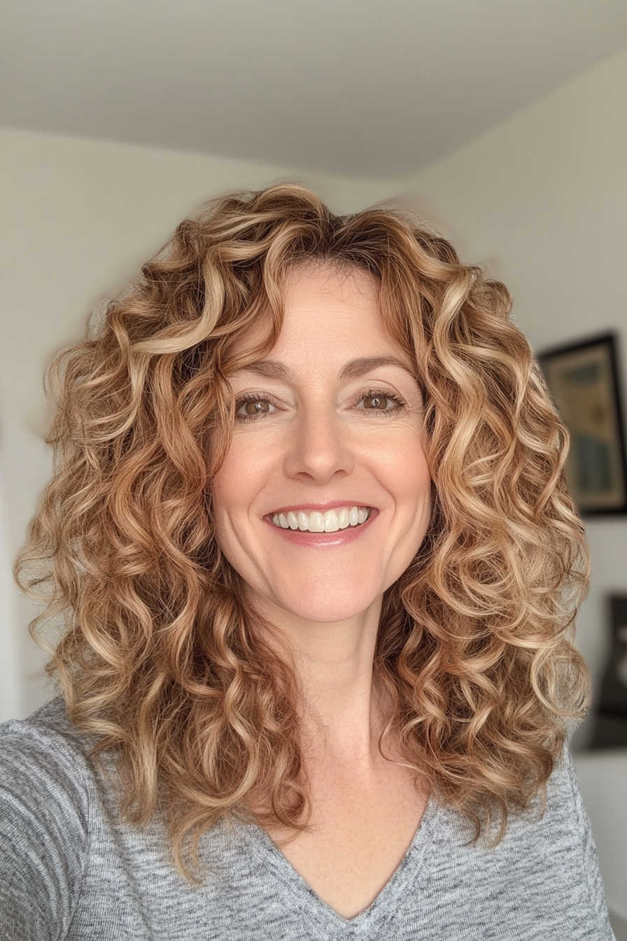 11. Bouncy Curls with Natural Honey Blonde Highlights (Medium Length Hairstyles For Women Over 40) - Medium Length Hairstyles For Women Over 40