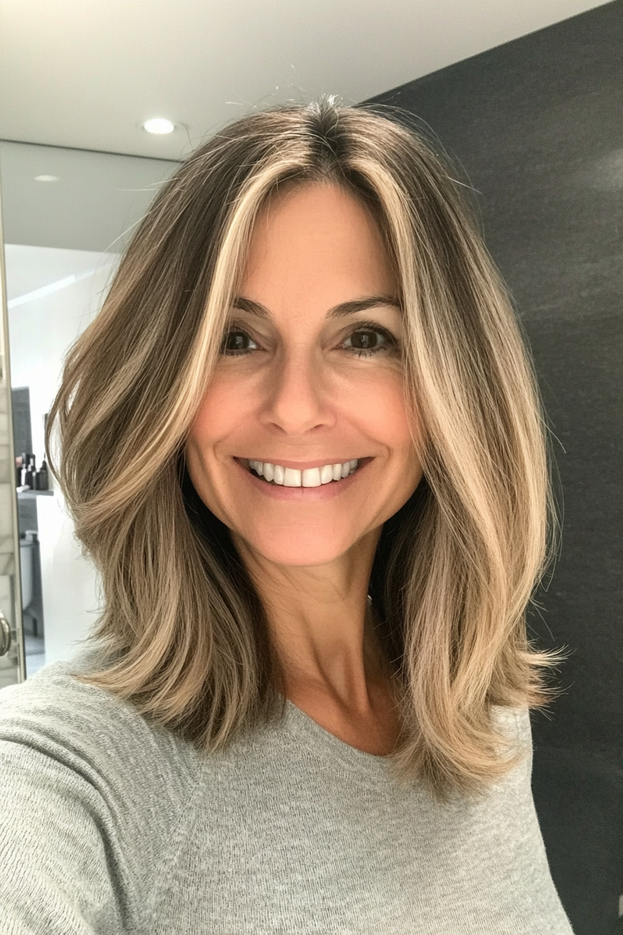 12. Long Bob with Subtle Balayage in Dark Blonde (Medium Length Hairstyles For Women Over 40) - Medium Length Hairstyles For Women Over 40