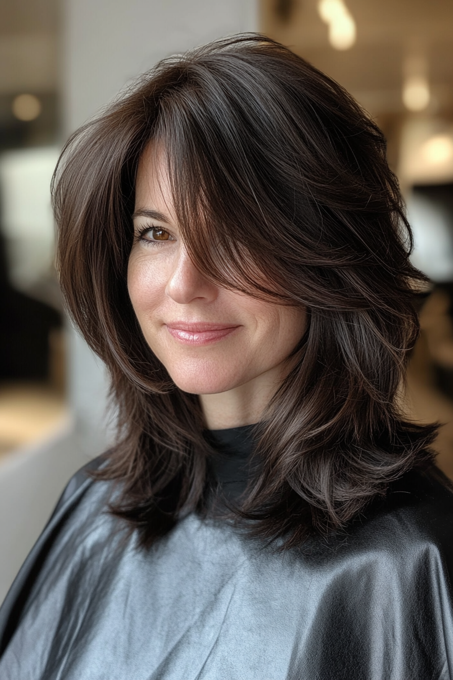 13. Choppy Layered Cut in Dark Chestnut (Medium Length Hairstyles For Women Over 40) - Medium Length Hairstyles For Women Over 40