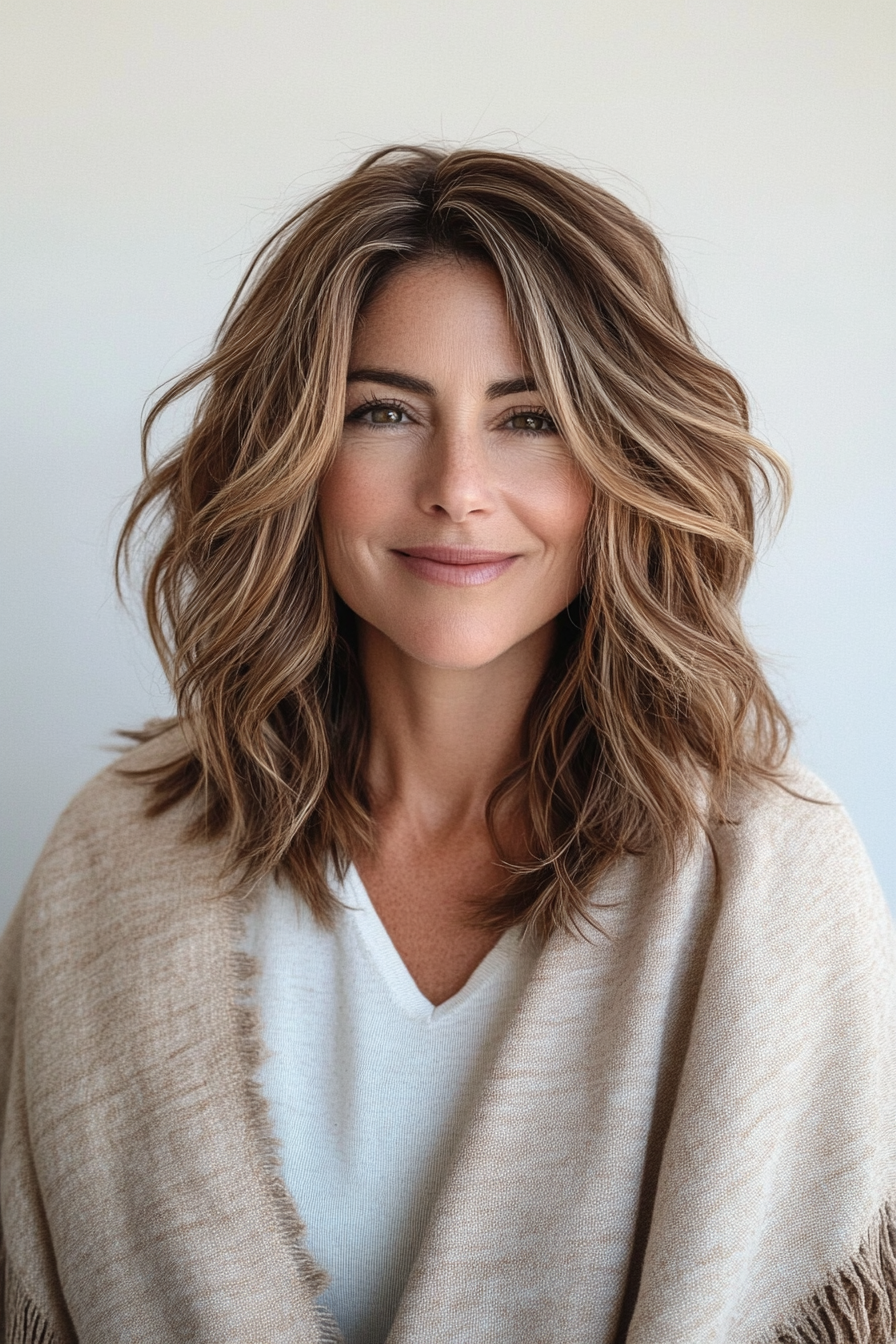 14. Layered Beach Waves with Soft Brown Tones (Medium Length Hairstyles For Women Over 40) - Medium Length Hairstyles For Women Over 40